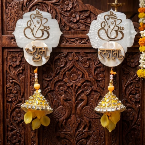 Aura Homes Mother of Pearl Ganpati & Shubh Labh Door Hanging with Latkans